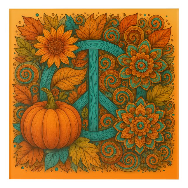 Fall Peace Sign Pumpkins Turquoise & Orange Pillow Acrylic Print (Front)
