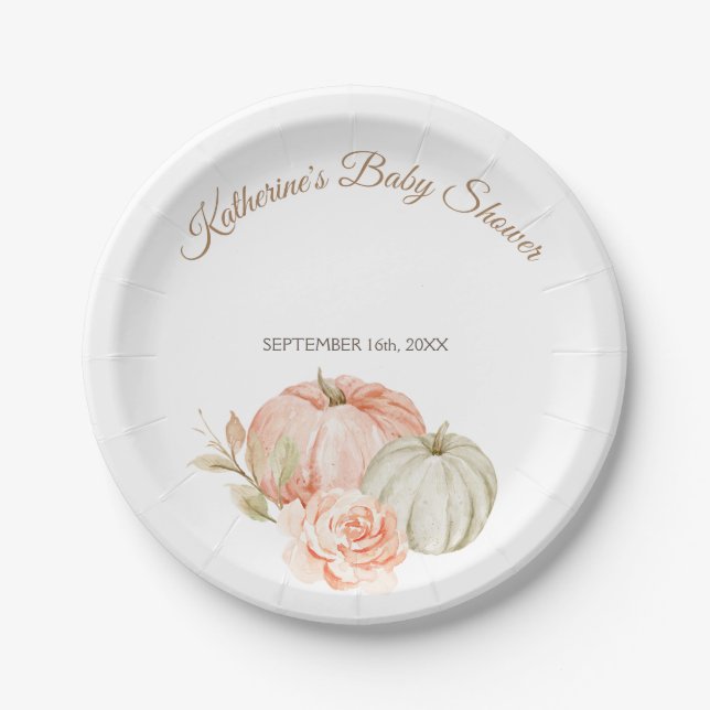 Fall Peach and Green Pumpkin Rustic Floral Paper Plates (Front)