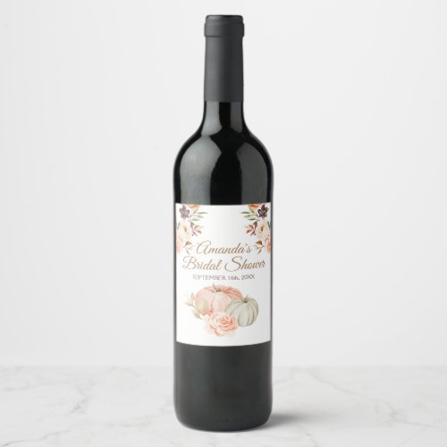 Fall Peach and Green Pumpkin Rustic Floral Wine Label