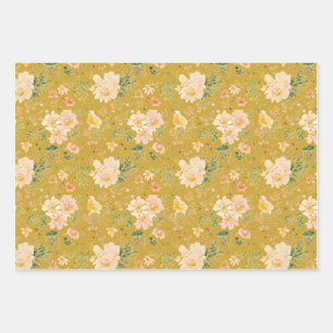 Fall Peach Flower Watercolor on Ceylon Yellow  Wrapping Paper Sheets