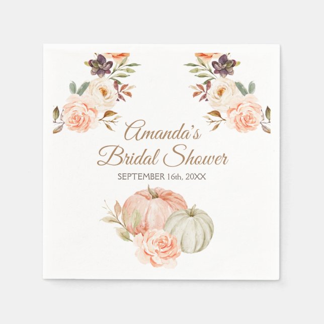 Fall Peach Green Pumpkin Rustic Floral Napkins (Front)