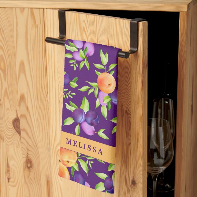 Fall Peaches Plums Purple Green Orange Cute Fruit Kitchen Towel (Thirds Fold)