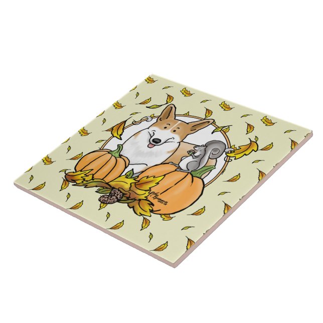 Fall Pembroke Welsh Corgi (red 1) Pumpkins Cute Ceramic Tile (Side)