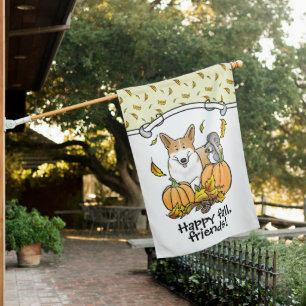 Fall Pembroke Welsh Corgi (red 1) Pumpkins Cute House Flag
