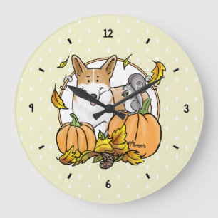 Fall Pembroke Welsh Corgi (red 1) Pumpkins Cute Large Clock