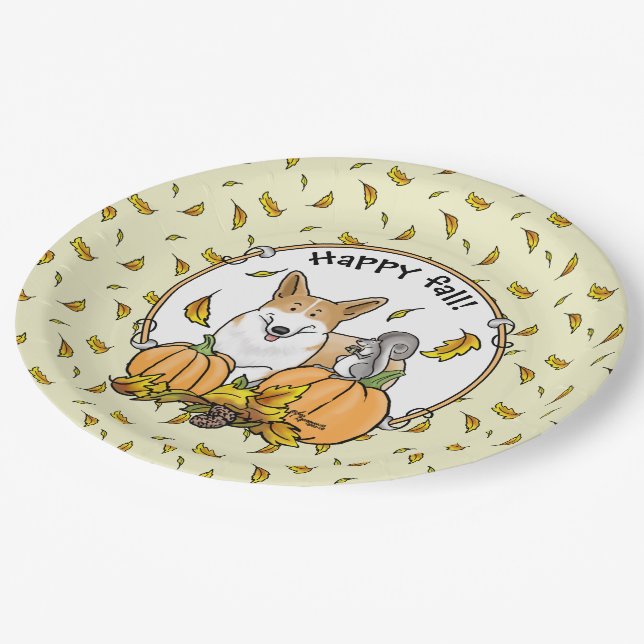 Fall Pembroke Welsh Corgi (red 1) Pumpkins Cute Paper Plates (Angled)