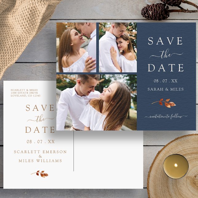 Fall  Photo Collage Wedding Save The Date Announcement Postcard (Autumn Navy Blue Photo Collage Wedding Save The Date Announcement Postcard by Painted Paperie
)