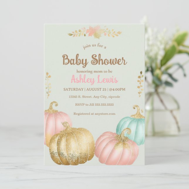 Fall pink and gold pumpkin baby shower invite (Standing Front)