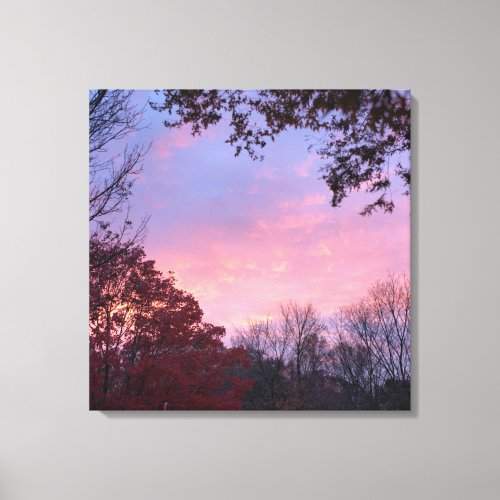 Fall Pink Blue Yellow Sunset Over Trees Canvas Print
