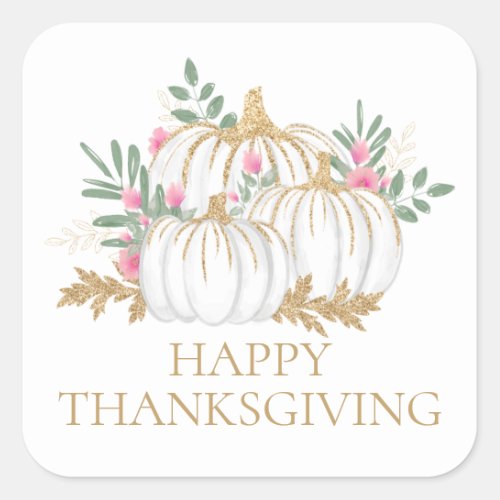 Fall Pink Floral Gold Glitter Pumpkin Thanksgiving Square Sticker