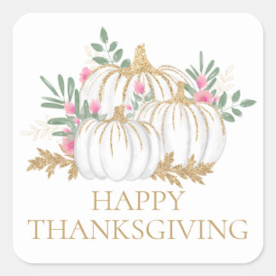 Fall Pink Floral Gold Glitter Pumpkin Thanksgiving Square Sticker