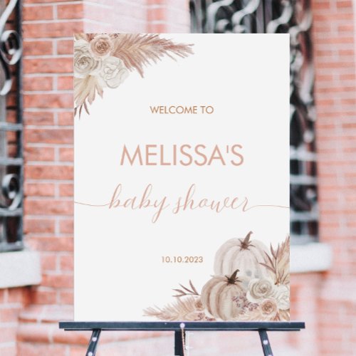 Fall Pink Floral Pumpkin Boho Baby Shower Welcome Poster