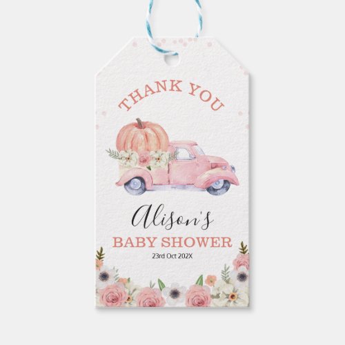 Fall Pink Floral Pumpkin Truck Baby Shower  Gift Tags