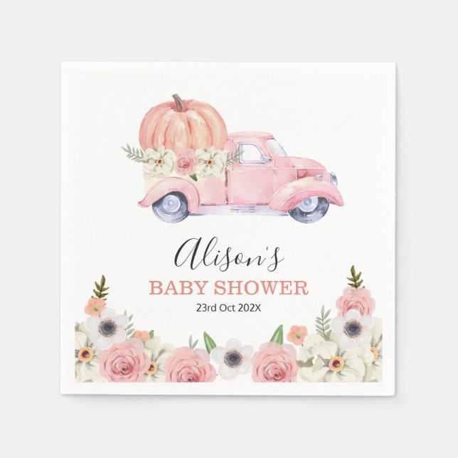 Fall Pink Floral Pumpkin Truck Baby Shower Paper  Napkins (Front)