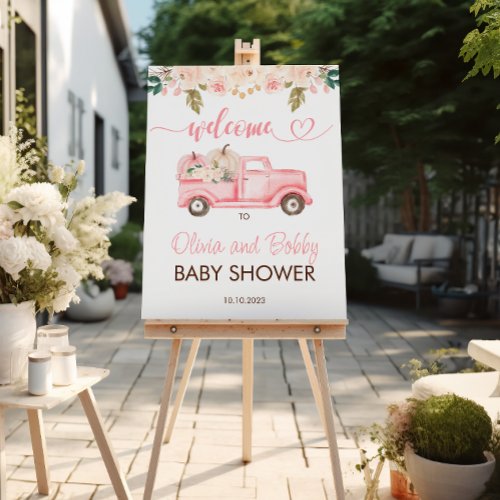 Fall Pink Floral Pumpkin Truck Baby Shower Welcome Poster