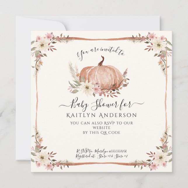 Fall Pink Floral Pumpkin Watercolor Baby Shower Invitation (Front)