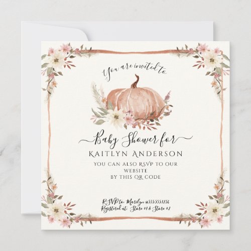 Fall Pink Floral Pumpkin Watercolor Baby Shower Invitation
