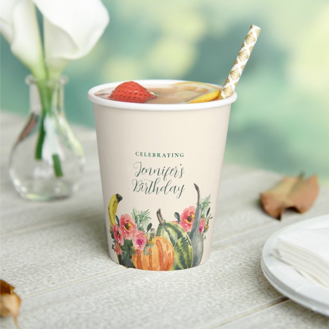 Fall Pink Floral Pumpkins Autumn Birthday Party Paper Cups (Insitu)