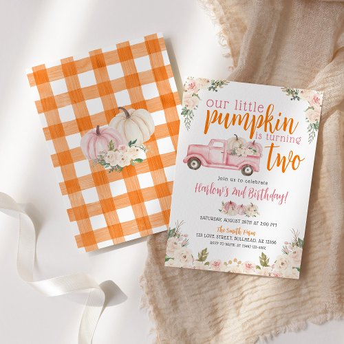 Fall Pink Floral Pumpkins Harvest Truck Birthday Invitation