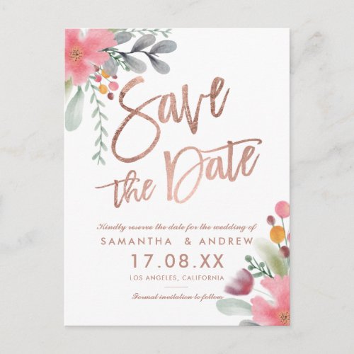 Fall pink floral watercolor bouquet save the date announcement postcard