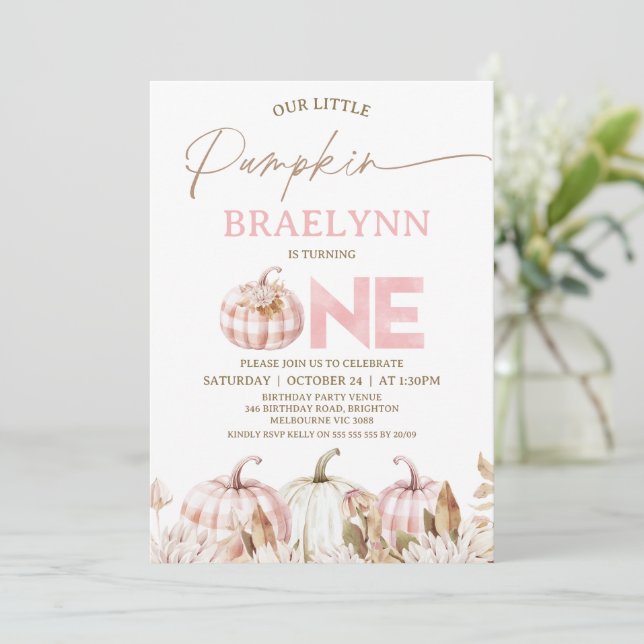 Fall Pink Girls Plaid Pumpkin First Birthday Invitation (Standing Front)