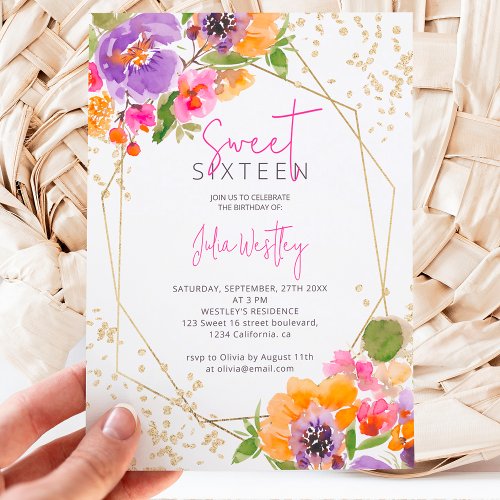 Fall pink gold floral watercolor photo Sweet 16 Invitation