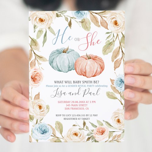 Fall Pink Peach or Blue Gender Reveal Invitation