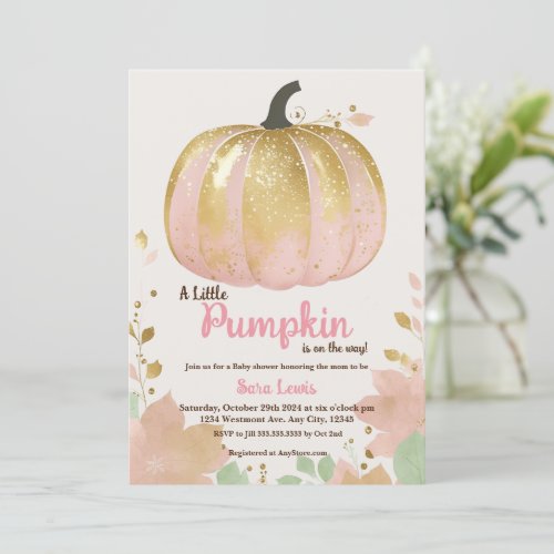 Fall pink pumpkin baby shower gold pumpkin invitation