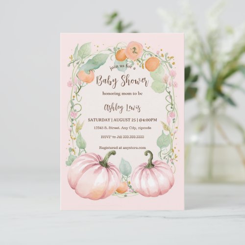 Fall Pink Pumpkin Baby shower invitation