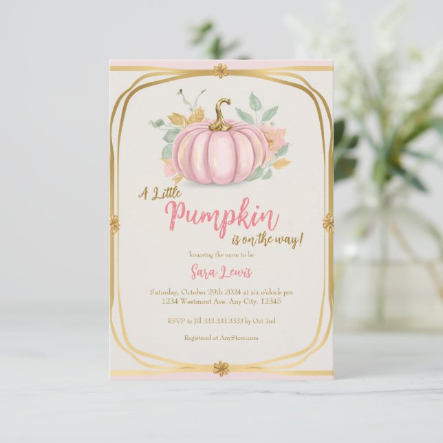 Fall Pink Pumpkin baby shower invitation (Standing Front)