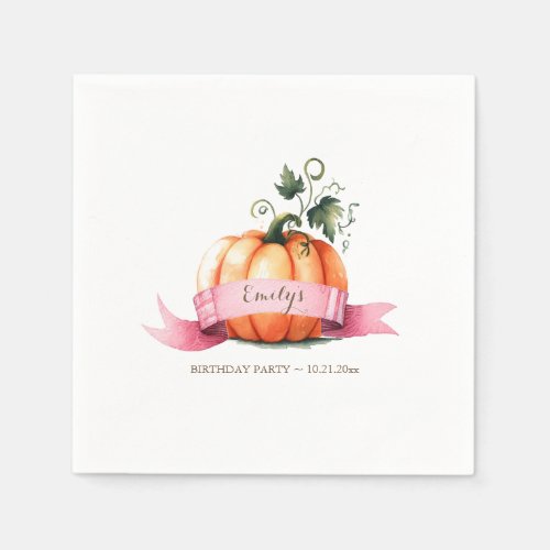 Fall Pink Pumpkin Birthday Party Girl Napkins