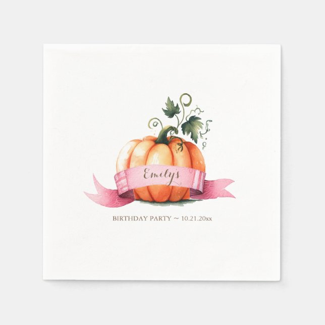 Fall Pink Pumpkin Birthday Party Girl Napkins (Front)