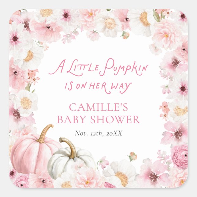Fall Pink Pumpkin Favor Baby Shower Square Sticker (Front)