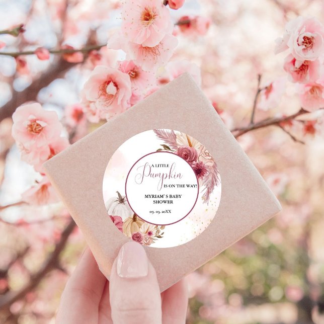 Fall Pink Pumpkin  Floral Girl Baby shower  Classic Round Sticker (Creator Uploaded)