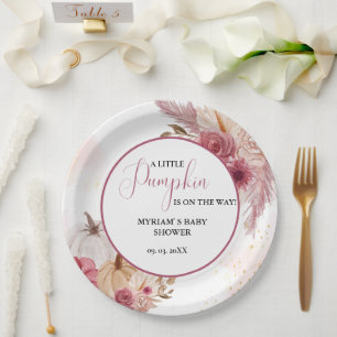 Fall Pink Pumpkin Floral Girl Baby shower Paper Plates