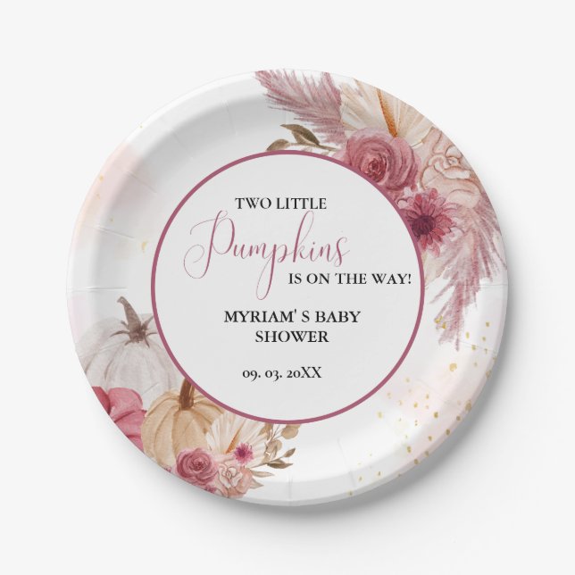 Fall Pink Pumpkin  Floral Twin Girl Baby shower  Paper Plates (Front)