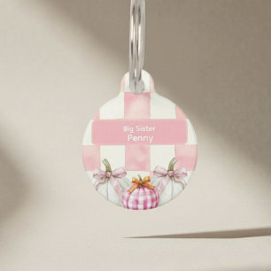 Fall Pink Pumpkin Gingham Baby Shower Big Sister Pet ID Tag