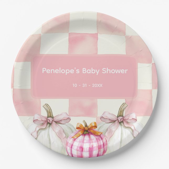 Fall Pink Pumpkin Gingham Girl Baby Shower Paper Plates (Front)