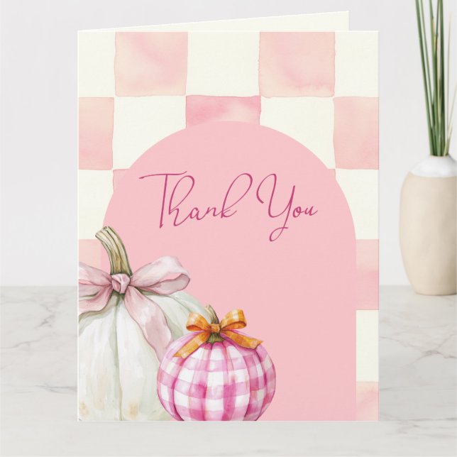 Fall Pink Pumpkin Gingham Girl Baby Shower Thank You Card (Front)