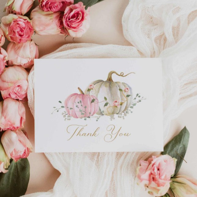 Fall Pink Pumpkin Girl Baby Shower  Thank You Card (Elegant Fall Baby Shower Than you card)