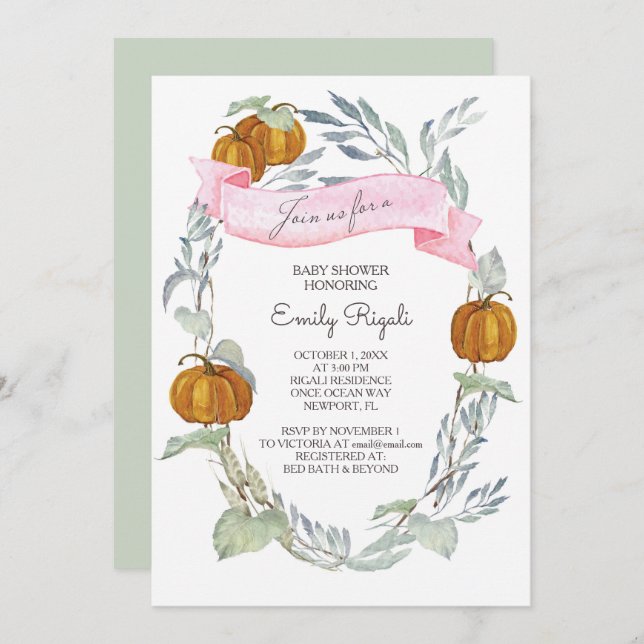 Fall Pink Pumpkin Greenery Baby Shower  Invitation (Front/Back)