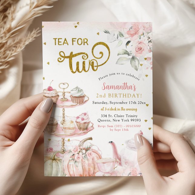 Fall Pink Pumpkin Tea For Two Girl's 2nd birthday Invitation (Creator Uploaded)