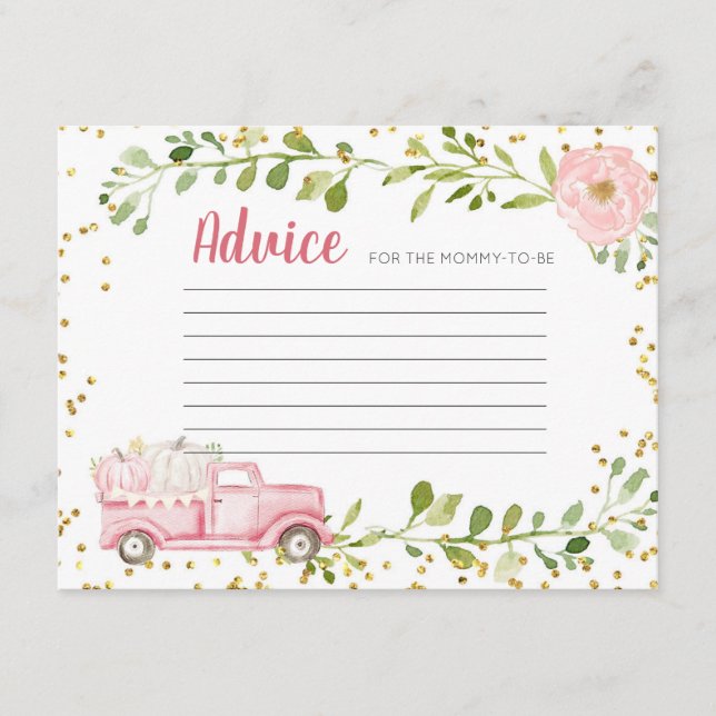 Fall Pink Pumpkin Truck Baby Shower Advice Card (Front)