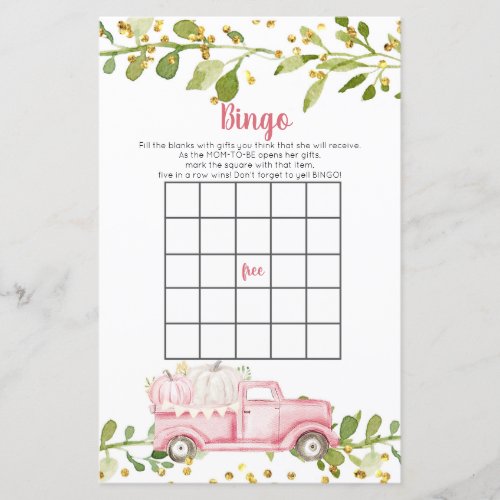 Fall Pink Pumpkin Truck Baby Shower Bingo Game