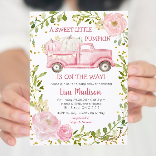 Fall Pink Pumpkin Truck Baby Shower Girl Invitation