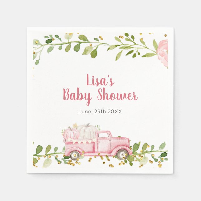 Fall Pink Pumpkin Truck Baby shower Napkin (Front)