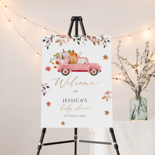 Fall pink pumpkin truck baby shower welcome sign