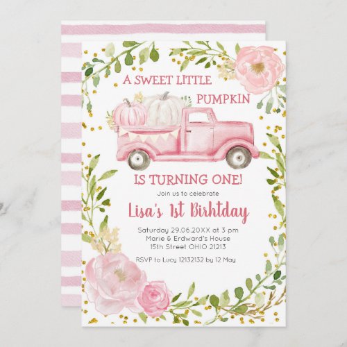 Fall Pink Pumpkin Truck Birthday Girl Invitation