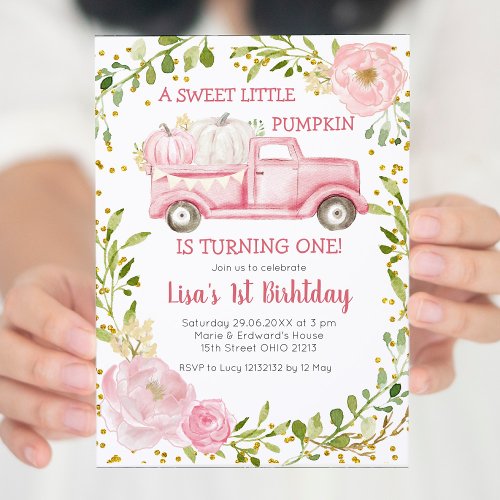 Fall Pink Pumpkin Truck Birthday Girl Invitation