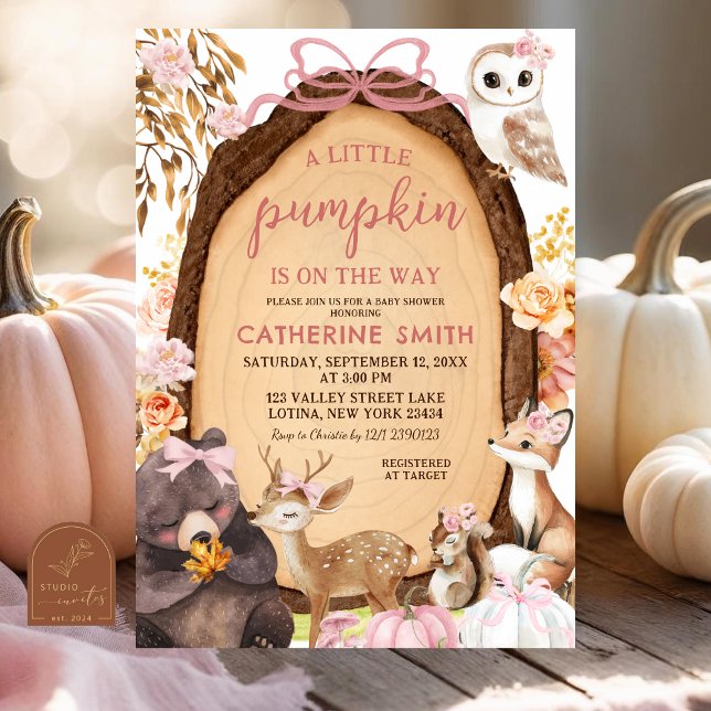 Fall Pink Pumpkin Woodland Animal Baby Shower Invi Invitation (Creator Uploaded)